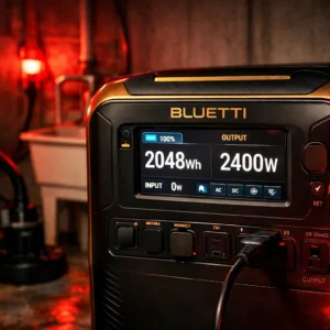 Bluetti AC200L portable power station for home with display showing 2400W output and 2048Wh capacity during storm testing
