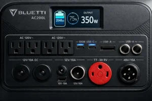 BLUETTI AC200L 11-port configuration showing AC outlets, USB-C 100W, USB-A, 12V DC, 30A RV TT-30 outlet, and 48V DC ports