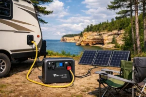 BLUETTI AC200L connected to RV via 30-amp TT-30 shore power connection at Pictured Rocks National Lakeshore dispersed camping site
