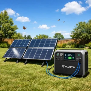 BLUETTI AC200L charging at 850W from four 200-watt solar panels in backyard setup showing 1200W maximum solar input capability