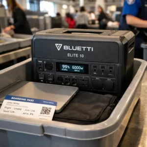 BLUETTI Elite 10 in TSA bin at airport security demonstrating carry-on approved portable power