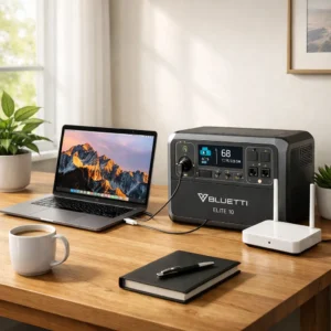 BLUETTI Elite 10 providing UPS backup power for home office laptop and WiFi during outage