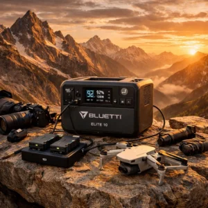 BLUETTI Elite 10 charging drone batteries during outdoor photography expedition showing field power capability