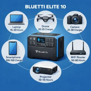 BLUETTI Elite 10 power station infographic showing what devices it powers with estimated runtime