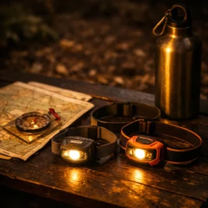 Budget rechargeable headlamps for camping laid out with trail gear at night