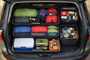 Camping essentials checklist packing system with 3-box organization method