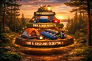 Camping essentials checklist priority pyramid showing Tier 1, 2, 3 gear importance