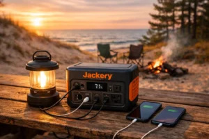 Camping power station testing at Nordhouse Dunes Michigan with Jackery 300 powering LED lantern and phones on campsite table at sunset