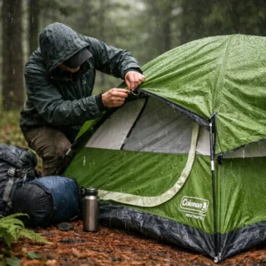 Coleman Sundome tent setup in Michigan forest - essential shelter from camping essentials checklist