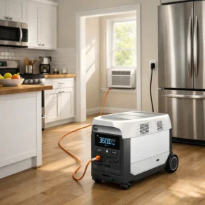 EcoFlow Delta Pro portable power station for home powering window AC unit and refrigerator during summer blackout in Michigan
