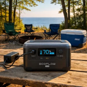 EcoFlow River 2 Pro portable power station for camping with 70-minute fast charging at Sleeping Bear Dunes campsite