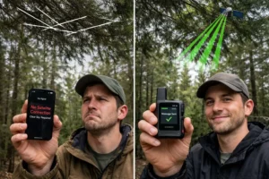 Garmin inReach vs iPhone satellite comparison showing signal strength under dense forest tree cover