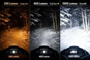 Headlamp lumens comparison showing 200, 400, and 1000 lumen beam patterns on dark forest trail