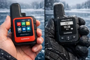 inReach Mini 3 color touchscreen next to Mini 2 physical buttons in cold weather