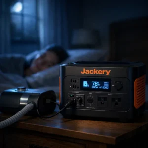Jackery Explorer 2000 v2 portable power station for home in bedroom powering CPAP machine during overnight outage