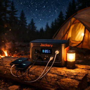 Jackery 300 portable power station for camping powering phones and lantern at weekend campsite with 7.1 pound lightweight design