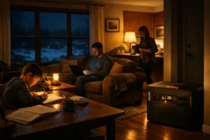 Family maintaining normal home operations during power outage with Jackery Solar Generator 5000 Plus providing whole-home backup power in Northern Michigan winter