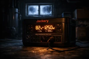 Jackery solar generator 5000 plus in a home basement for Outdoor Tech Lab test