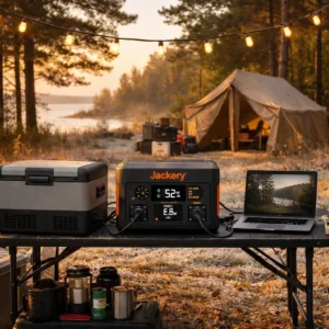 Jackery Explorer 1000 v2 portable power station powering basecamp setup near Pictured Rocks National Lakeshore tested by Outdoor Tech Lab