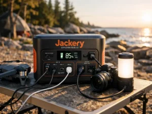 Jackery Explorer 1000 v2 powering multiple devices at basecamp near Pictured Rocks National Lakeshore tested by Outdoor Tech Lab Northern Michigan