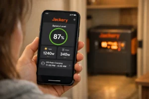Jackery App interface showing real-time monitoring, off-peak charging schedule and peak shaving settings on smartphone during Outdoor Tech Lab 30-day energy management test