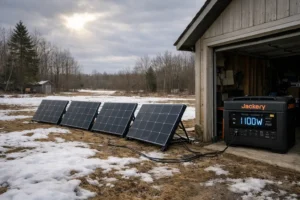 Jackery Solar Generator 5000 Plus charging from 2400W solar panel array in Northern Michigan, demonstrating high-wattage solar input capability in winter conditions