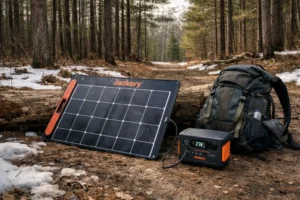 Jackery SolarSaga 100W vs 200W — SolarSaga 100W Air deployed on North Country Trail in Manistee National Forest Northern Michigan by Outdoor Tech Lab