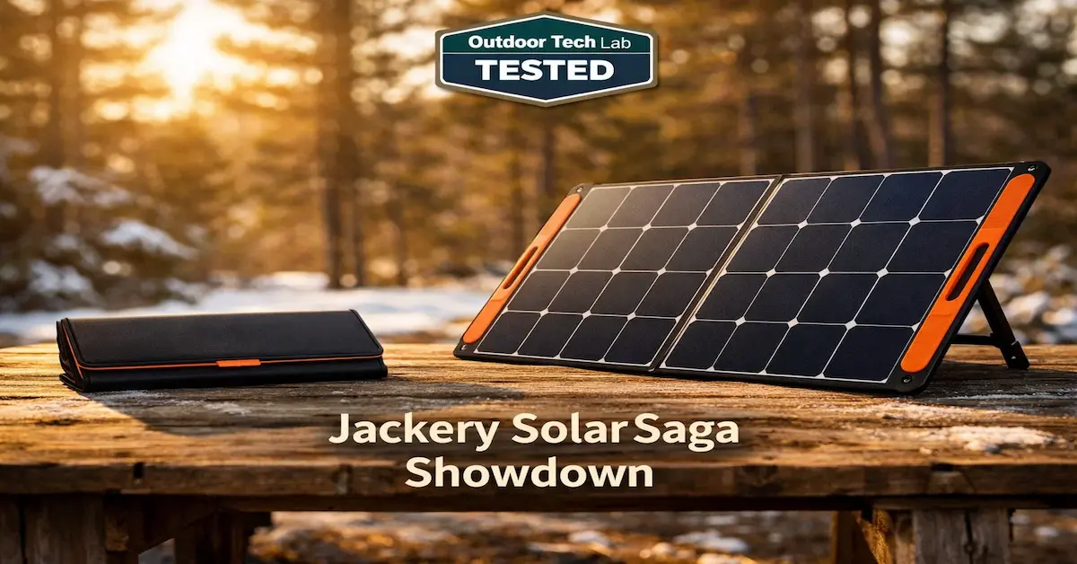 Jackery SolarSaga 100W vs 200W solar panel side by side comparison tested by Outdoor Tech Lab in Northern Michigan