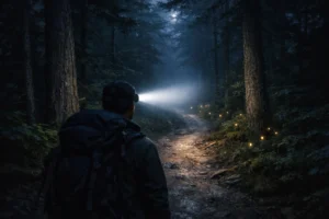 Night hiking trail illuminated by rechargeable headlamp in Northern Michigan forest