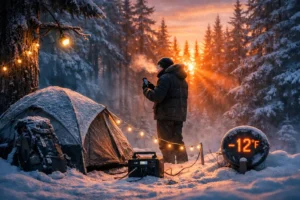 Northern Michigan outdoor gear testing in winter conditions with camping equipment at Manistee National Forest. Testing shot by the Outdoor Tech Lab team.