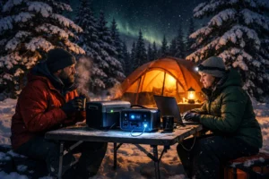 Outdoor Tech Lab testing portable power station guide 2026 gear at Manistee National Forest in winter