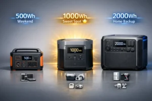 Portable power station size comparison showing 500Wh, 1000Wh, and 2000Wh models for camping