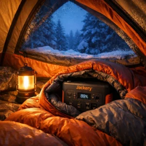 Cold weather camping tip keeping portable power station warm inside tent sleeping bag for battery performance at freezing temperatures