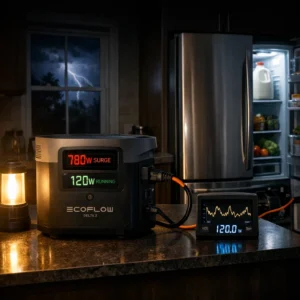 Portable power station running full-size refrigerator during power outage with surge wattage meter