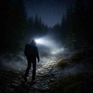 Hiker using a premium rechargeable headlamp on a dark night trail in Northern Michigan for Outdoor Tech Lab testing.