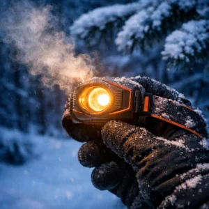 Rechargeable headlamp being used in sub-freezing temperatures during winter camping