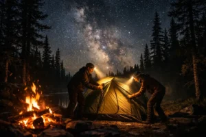 Campers using rechargeable headlamps at night in Northern Michigan forest campsite
