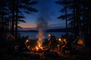 Campers switching on rechargeable headlamps at dusk on a Northern Michigan lakeshore
