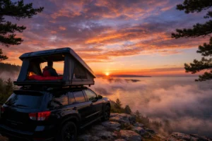 Rooftop tent camping overlooking Lake Michigan during Northern Michigan Outdoor Tech Lab field testing