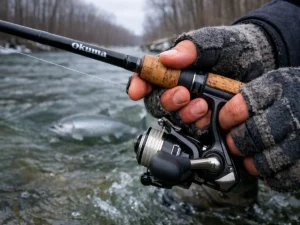 Angler holding steelhead rod wading Northern Michigan river during 2026 run
