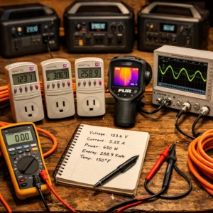Kill-A-Watt meters, FLIR thermal camera, and oscilloscope used to measure portable power station for home performance