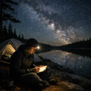 Ultralight backpacker using a lightweight rechargeable headlamp at remote lakeside camp