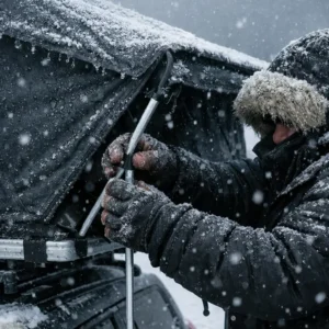 Winter rooftop tent setup challenges testing soft-shell design in sub-zero temperatures
