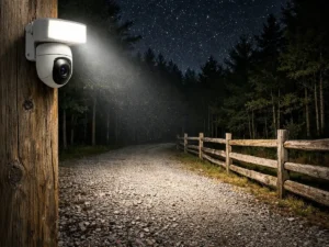 aosu solar security camera for remote cabins — 400-lumen floodlight illuminating cabin driveway at night, field tested by Outdoor Tech Lab
