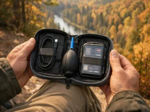 Complete backcountry camera gear protection kit — silica gel, air blower, tech pouch and SD card case on Manistee River Trail in Northern Michigan by Outdoor Tech Lab