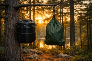 Bear-resistant food canister and hanging food bag at Northern Michigan campsite — camping wildlife safety