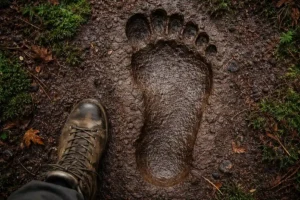 What is Bigfoot — large unidentified humanoid footprint in forest mud with boot for scale, field documentation evidence 2026