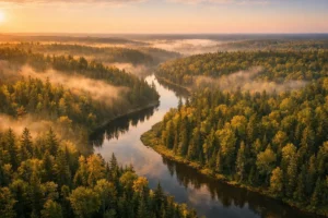 Aerial view of Manistee National Forest Northern Michigan — prime Bigfoot Michigan habitat and active sasquatch sighting territory