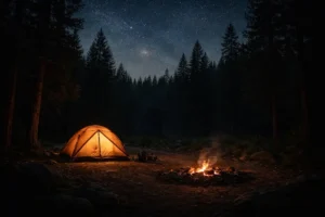 What is Bigfoot and is he watching your camp — dark figure at treeline of Northern Michigan forest campsite at night 2026