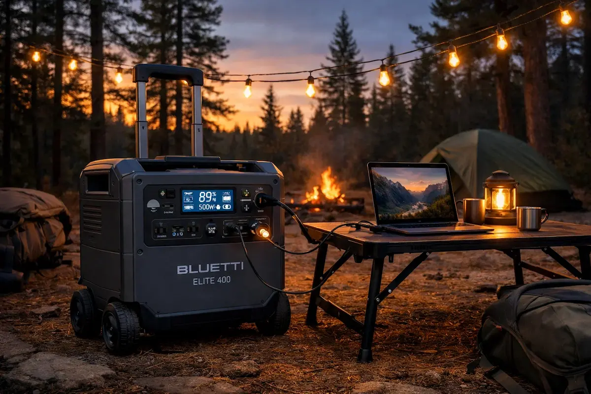 BLUETTI Elite 400 review — portable power station with trolley system powering Manistee National Forest basecamp 2026